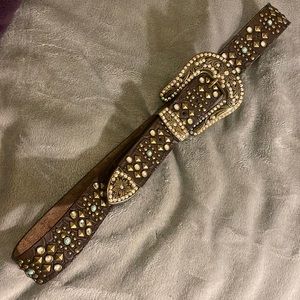 Designer rhinestone cowgirl belt with brass metal buckle